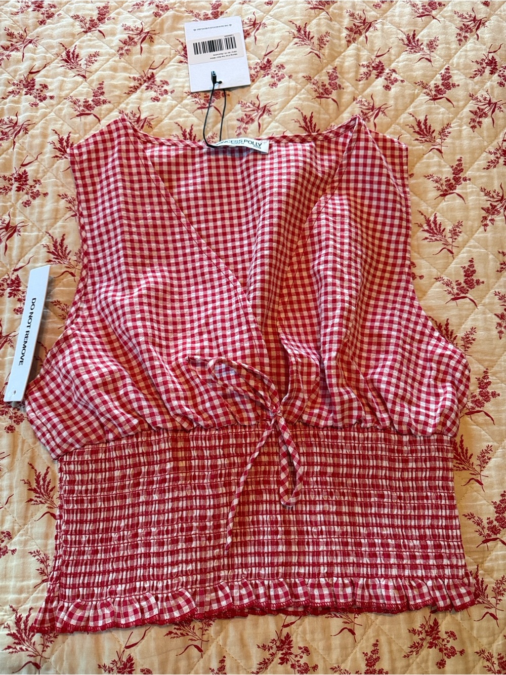 Princess Polly Red Gingham Smocked V-Neck Crop Top